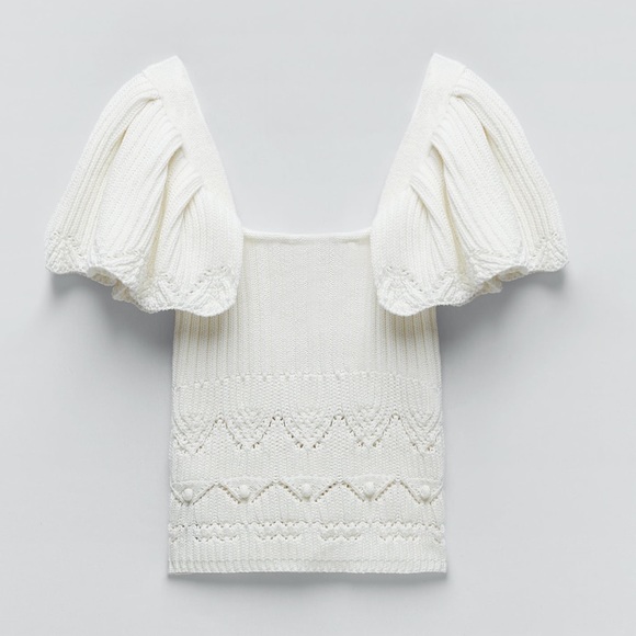 Zara White Ruffle Shoulder Puff Sleeve Knit Top - Small - Picture 5 of 13